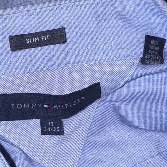 Tommy Hilfiger Mens 17 34-35 Dress Shirt Blue Long Sleeves Button Business - Picture 3 of 5